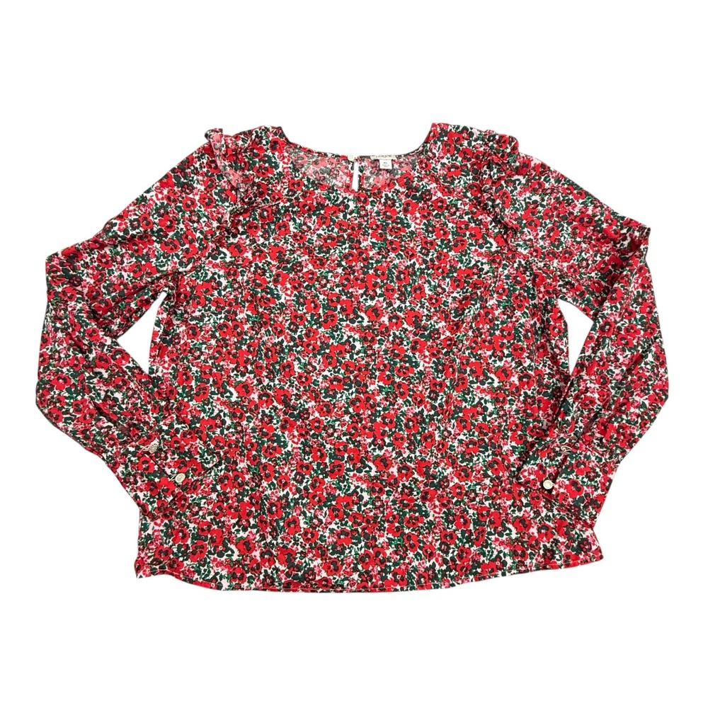 J.Crew Blouse Womens Extra Large Red Floral Ruffle Long Sleeve Cotton Stretch